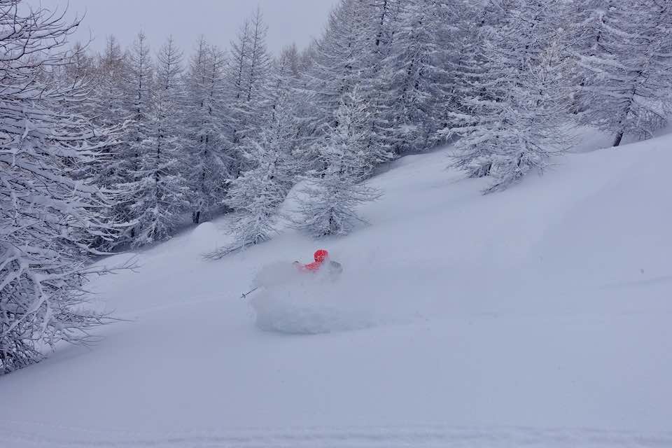 Leeloo se régale en ski freeride dans la poudreuse à La Grave entre 2400m et P1. Sympathique quand la visibilité est nulle au dessus de 3000m.